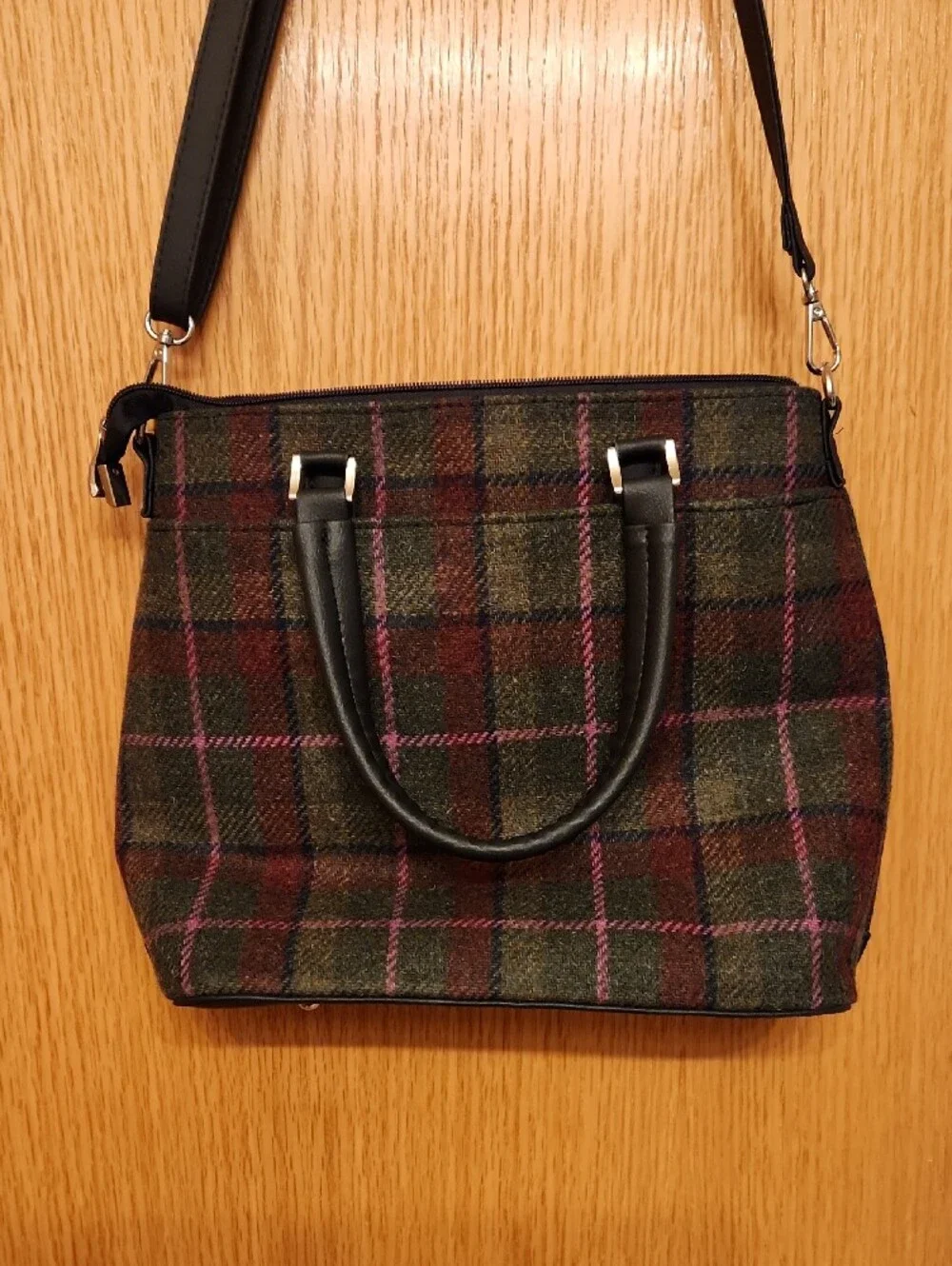 Mucros Green and Purple Plaid Satchel with Black Trim